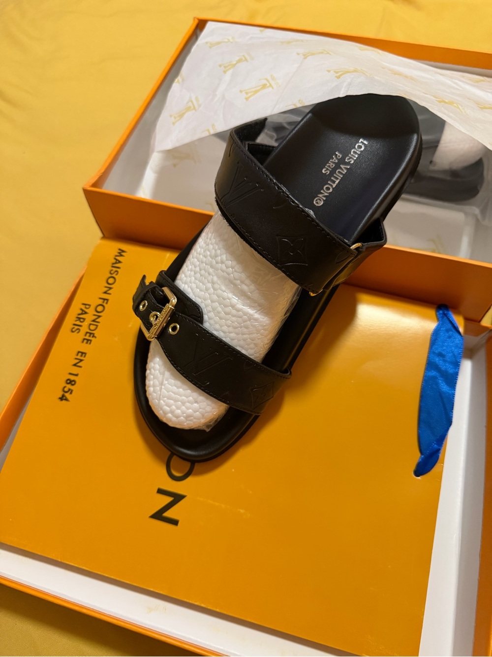 Louis Vuitton Black Leather Two-Strap Slide with Gold Buckle - Picture 3 of 4